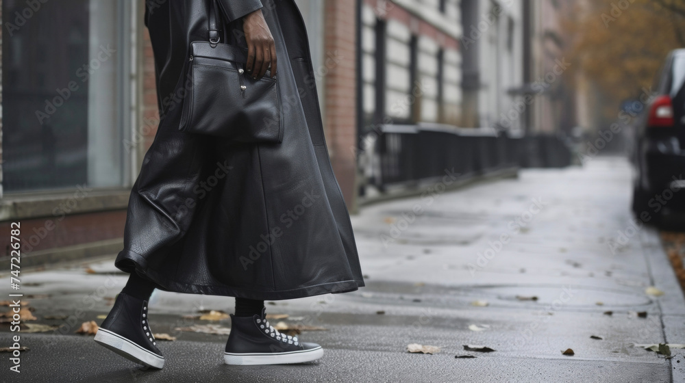 Naklejka premium A sleek and modern oversized leather coat paired with a slip dress and sneakers for an unexpected and stylish combination.