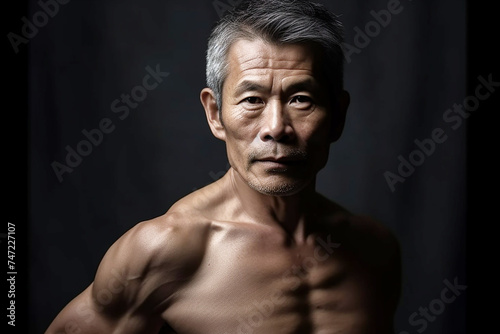 An elderly Asian man with gray hair and an athletic build. Studio portrait.