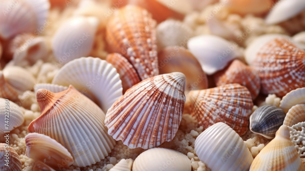 Seashell close up on sandy beach, intricate patterns and textures of seashells against a sandy backdrop, delicate beauty of sea life treasures.