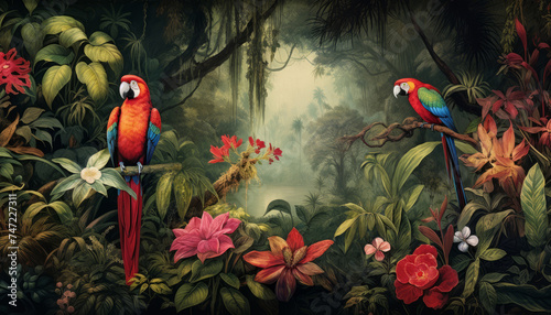image of red parrots in the tropical forest in the style of matte painting