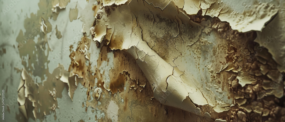 The weathered gold paint peeling off a wall symbolizes decay and the passage of time in an urban setting