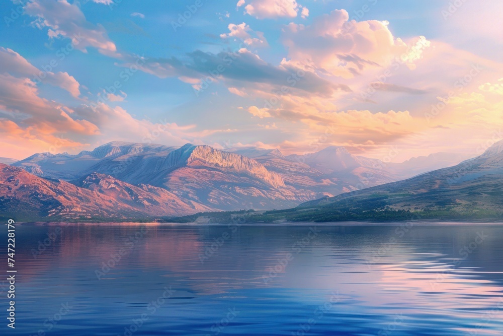 Landscape featuring a tranquil lake nestled among majestic mountains.