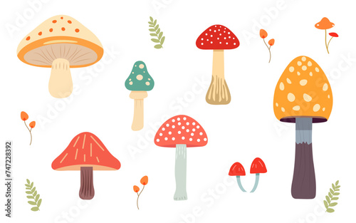 Set vector mushroom cartoon freehand drawing. 