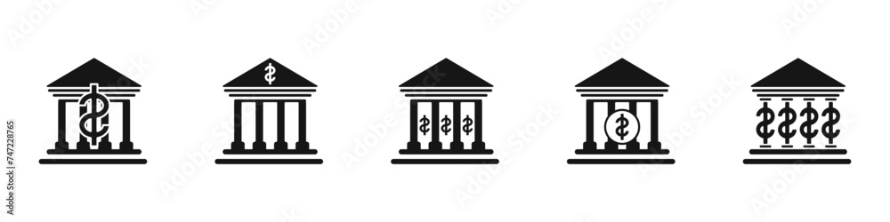 Bank building with dollar vector icons set. Banking services. Financial institution vector. Logo of internet banking, transactions, payment. Storage of funds. Financial security. Vector illustration. Bank building with dollar vector icons set. Banking services. Financial institution vector. Logo of internet banking, transactions, payment. Storage of funds. Financial security. Vector illustration.