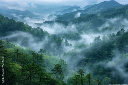 Mountain Blanketed in Fog and Trees © hakule