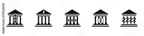 Bank building with dollar vector icons set. Banking services. Financial institution vector. Logo of internet banking, transactions, payment. Storage of funds. Financial security. Vector illustration.