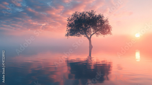 Lonely tree with fog at sunrise.