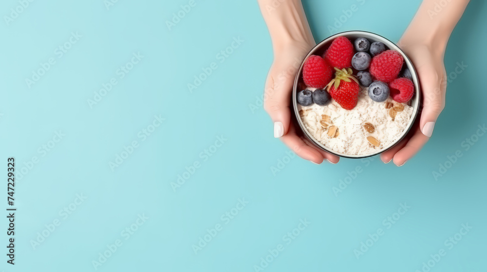 Hand hold bowl of yogurt with berry for healthy food , safety food, healthy lifestyle, Diet Hand hold bowl of yogurt with berry for healthy food , safety food, healthy lifestyle, Diet