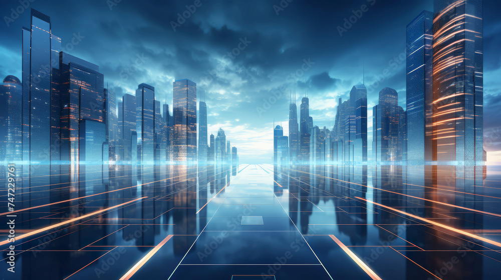 Background of building sky capper with light blue for a futuristic technology city world Background of building sky capper with light blue for a futuristic technology city world