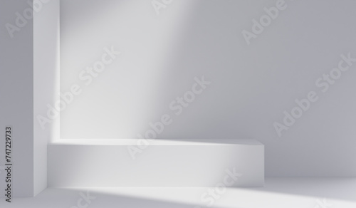 Podium abstract white studio background for product presentation. friendly interior concept 3d render, Empty room with shadows and pedestal. backdrop and mockup, copy space, minimal concept © Kakabe