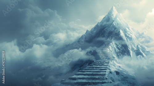 A huge mountain with a staircase leading to its summit, symbolizing the concept of achieving huge and hard success in business