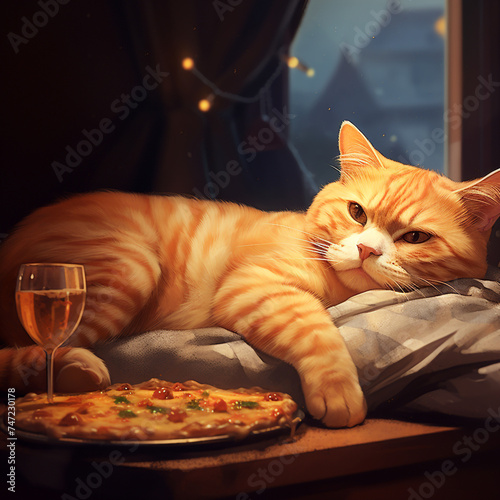 An orange cat lounging with a slice of pizza in the style of catroon created with Generative Ai