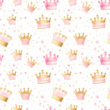 Childish watercolor princess crown seamless pattern