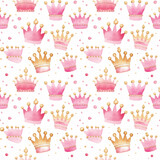 cute watercolor princess crown pattern, pink and gold