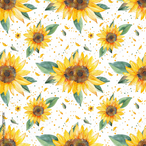 Cute watercolor sunflowers seamless pattern background