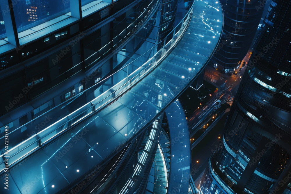 An abstract view from the top of a circular glass building at night. An abstract view from the top of a circular glass building at night.