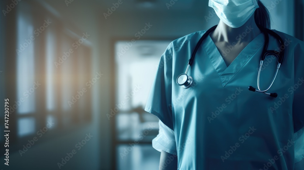 Young Female Nurse Working a Night Shift in a Hospital Ward - obrazy, fototapety, plakaty 