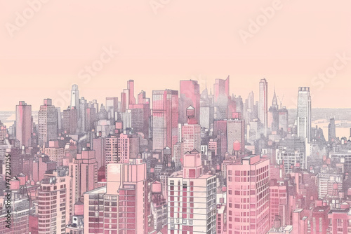 A pink rhombusstyled city skyline illustration.