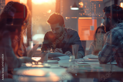 A group of marketing professionals strategizing a campaign in the meeting room together photo