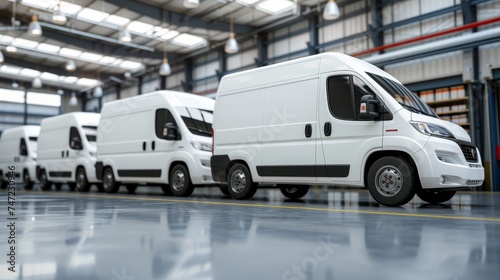 Brand new white vans in parking lot, ready for work with blurred warehouse background and text space © Ilja