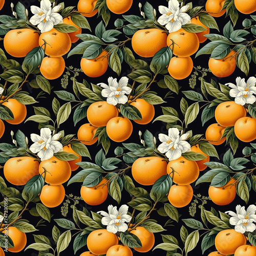 Vintage botanical seamless pattern of oranges and leaves