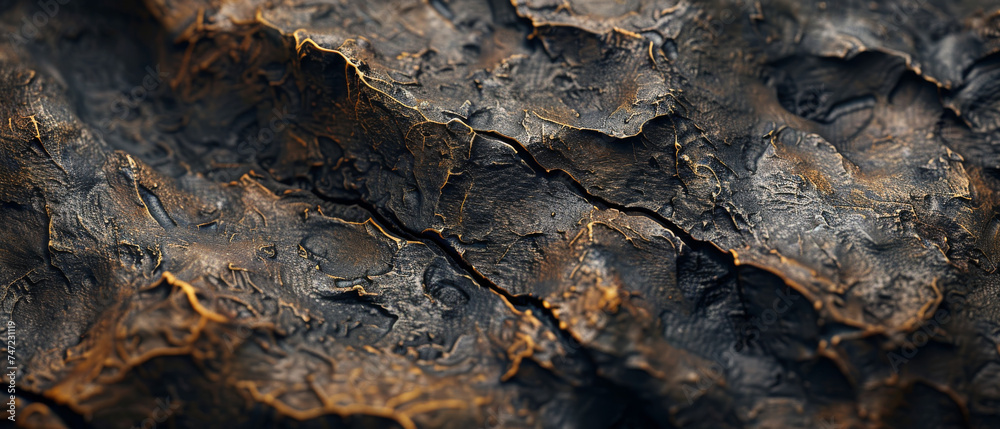 Macro shot exhibiting the raw texture and fissures of a black lava rock with golden highlights Macro shot exhibiting the raw texture and fissures of a black lava rock with golden highlights