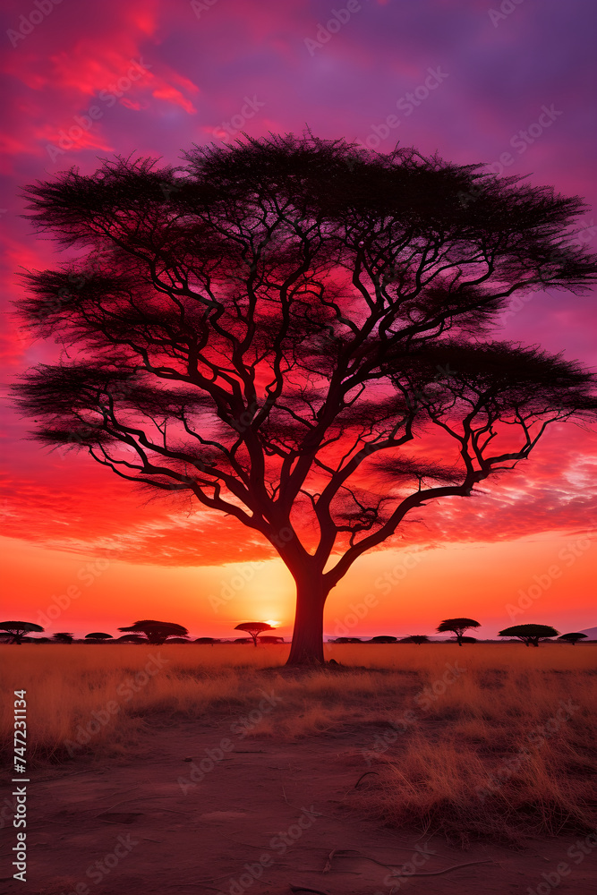 Transcendent Beauty of a Lone Acacia Tree Under the Enchanting Dusk Sky