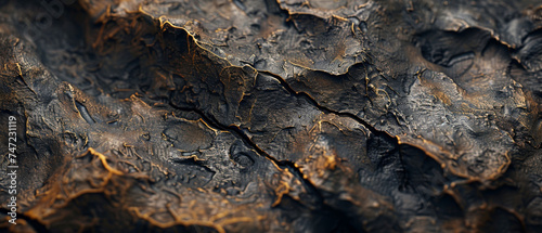 Macro shot exhibiting the raw texture and fissures of a black lava rock with golden highlights
