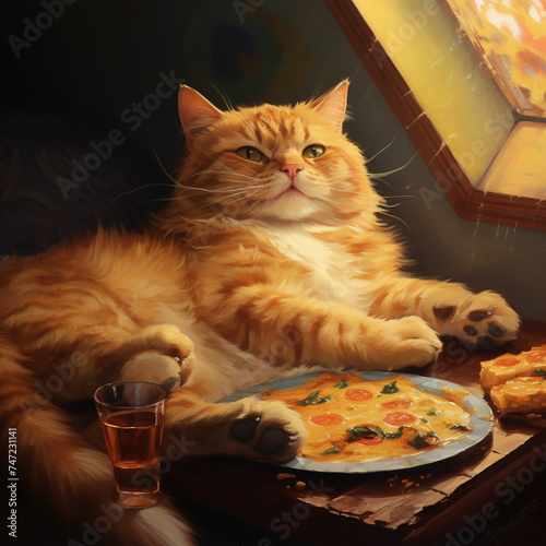 An orange cat lounging with a slice of pizza in the style of catroon created with Generative Ai