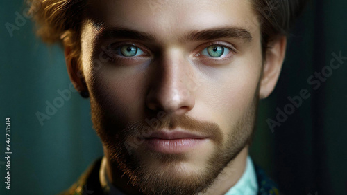 Close-up photo of a blue-eyed blond man with light stubble