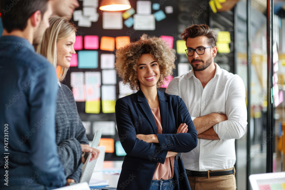 A group of marketing professionals strategizing a campaign in the meeting room together A group of marketing professionals strategizing a campaign in the meeting room together