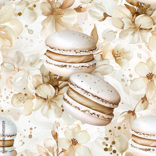 Beige Macarons and White Flowers Repeating Seamless Pattern, Sweet Desserts, Generative AI