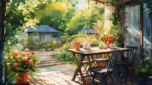 Watercolor illustration of garden tea party in cozy corner. ?harming tea time setting with wooden table, pitcher and cups amidst profusion of flowering plants, lazy afternoon in embrace of nature
