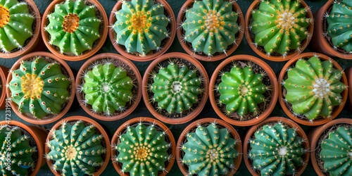 Green cactus plant pots arranged neatly in a vibrant setting. Concept Cactus Plants  Vibrant Setting  Green Pots  Neat Arrangement