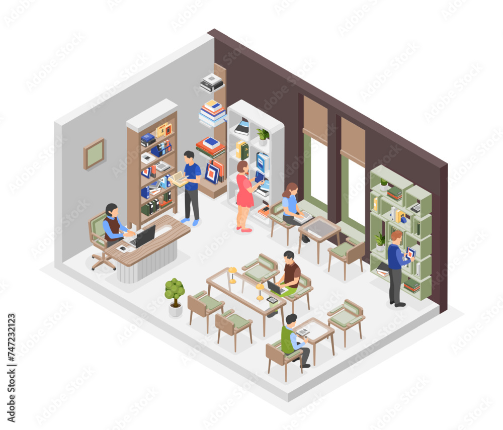 Fototapeta premium School or university isometric library. Students learning and reading books. Bookshelves, desk and chairs. Bookstore interior, flawless education vector scene