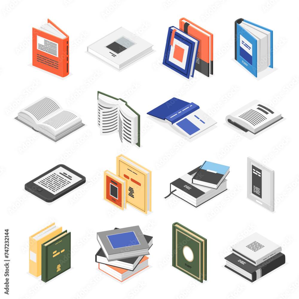 Isometric books set. Book icon 3d, notebooks and textbook. Symbols for school, university, college. Bookstore or library elements, flawless vector clipart Isometric books set. Book icon 3d, notebooks and textbook. Symbols for school, university, college. Bookstore or library elements, flawless vector clipart