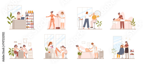 Spa salon procedures. Beauty and wellness procedures, professionals working with clients. Administrator, hairdresser and massage. Snugly vector scenes