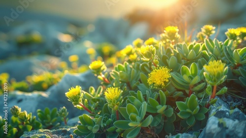 A close-up photograph of Rhodiola rosea (golden root) plant thriving in its natural rocky mountain habitat photo