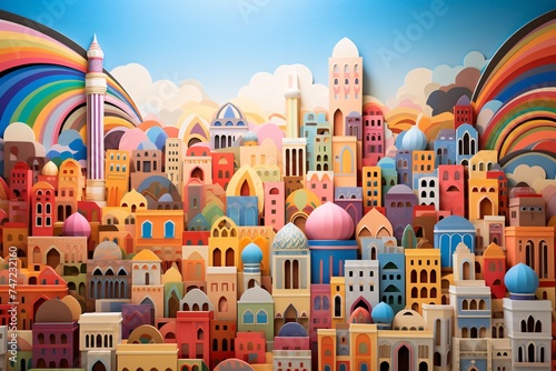 a colorful cityscape with towers and towers