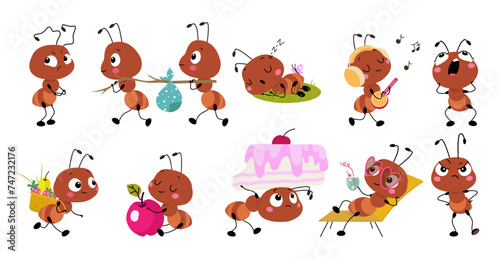 Funny ant. Isolated little ants different emotions. Cute insects working and resting, sleeping and moving. Childish cartoon mascots, nowaday vector set