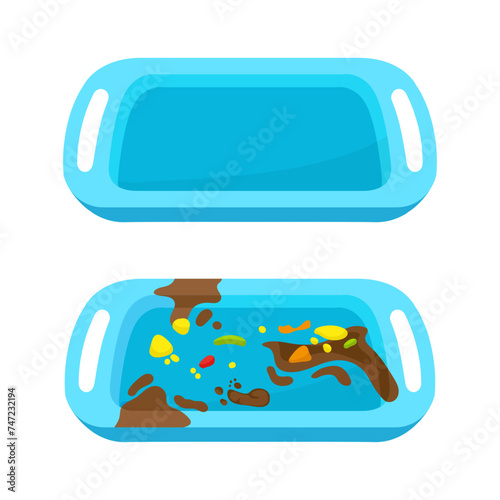 Cartoon isolated dirty and clean tray. School canteen blue plastic equipment. Dish rack with stains and food debris. Caterer tool neoteric vector elements