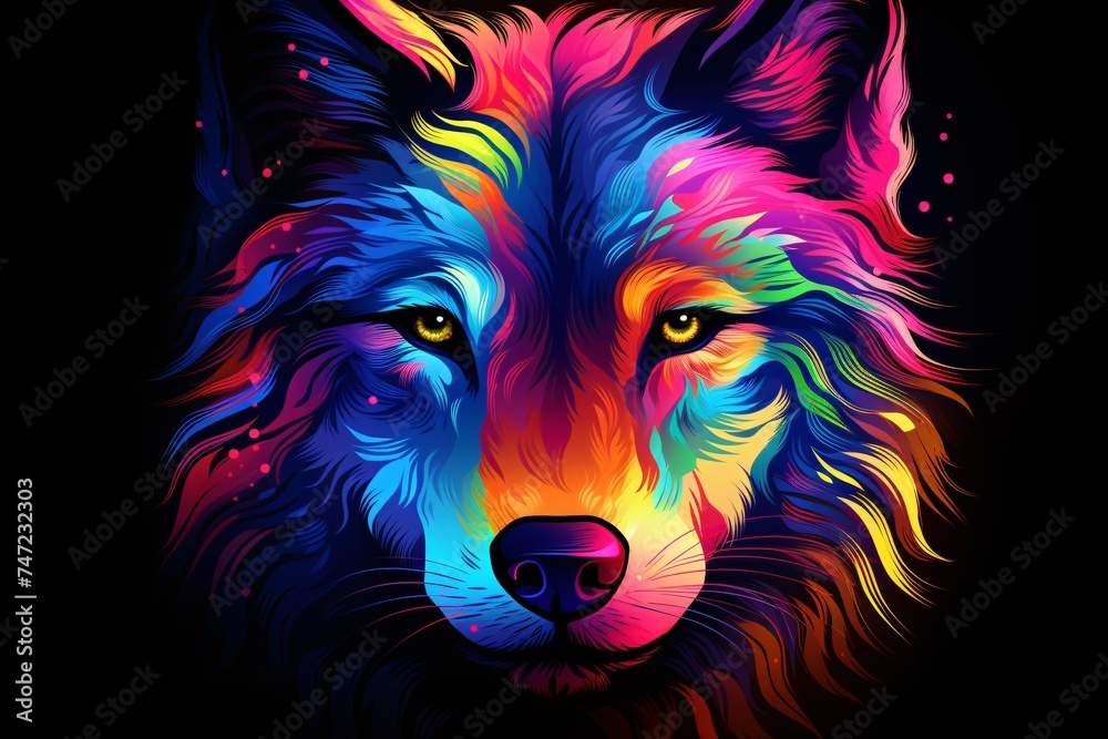 a colorful wolf with yellow eyes