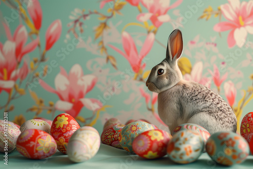 Easter bunny surrounded by Easter eggs decorated with bright colors on a floral background. Template for holiday greetings