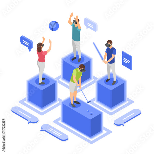 Isometric virtual reality communication. Ai technologies, people in vr glasses. Digital person play ball and golf and talking. Remote talk, flawless vector scene