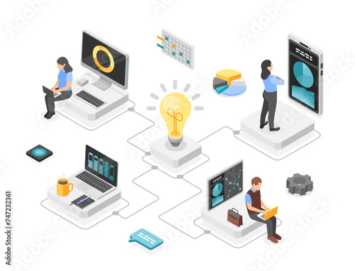 Technology startup. Isometric concept of digital science or network. Young adults working with laptop, creative ideas flawless vector scene