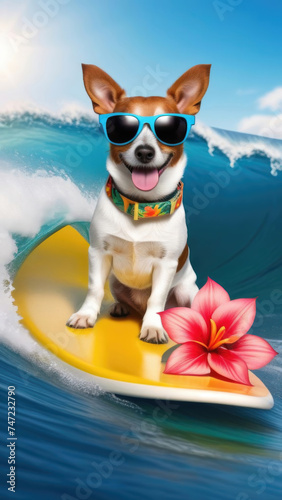 Happy jack russell dog with sunglasses and surfboard on the wave in the ocean. Dog traveling concept © Natalia Garidueva