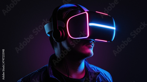 A vibrant image captures a person in profile wearing a VR headset emitting a pink and purple glow, representing engagement and alternative realities