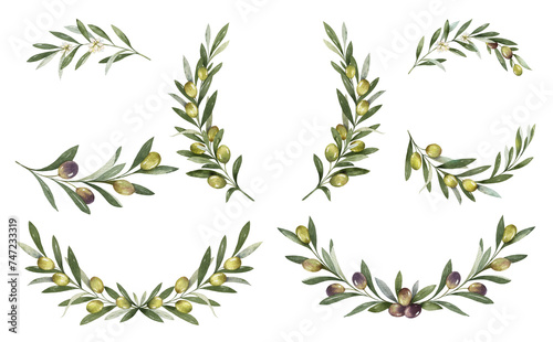 Watercolor set of frames and wreaths of olive branches. Design for invitations, cards, stickers, albums, fabric, home decoration.  Holiday decor.  Hand drawn illustration.
