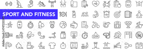 Sport and Fitness icon set with editable stroke. Healthy lifestyle thin line icon collection. Gym and health care icons. Vector illustration