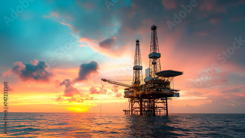 Offshore oil rig at sunset representing energy, industry, engineering, and environmental impact.